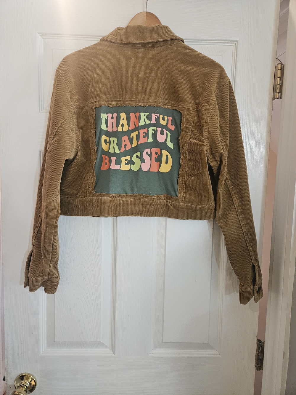 Upcycled Corduroy Jacket with 'Thankful Grateful Blessed' Back Patch - Brown
